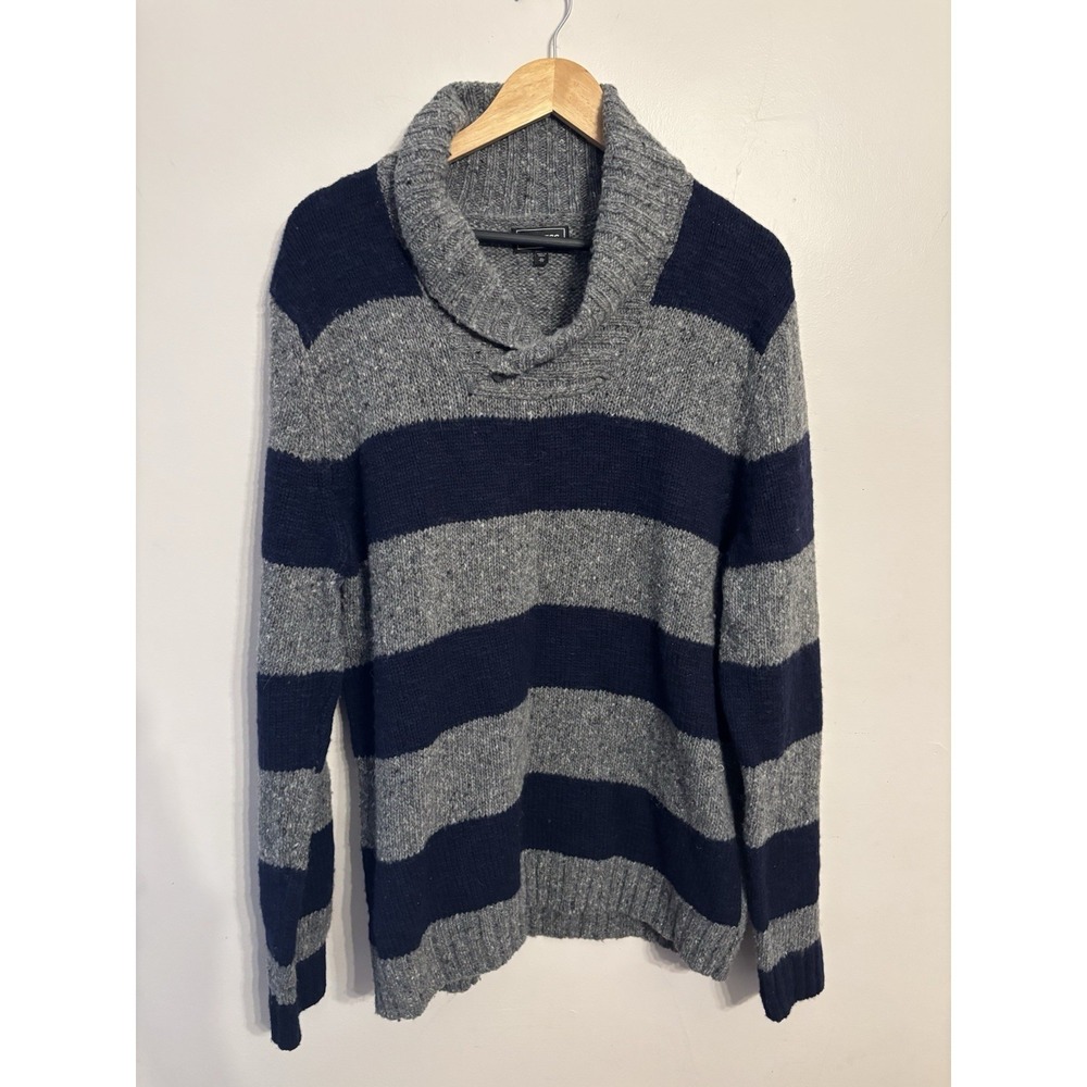 Express Men's Shawl‎ Neck Wool Knit Sweater Heather Gray Navy Striped Size XL